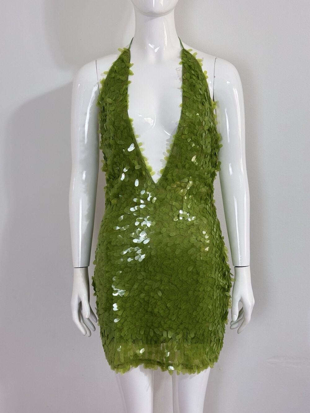 MESHKI Primrose Sequin Mini Dress Parakeet Green Halter Neck Backless Women S